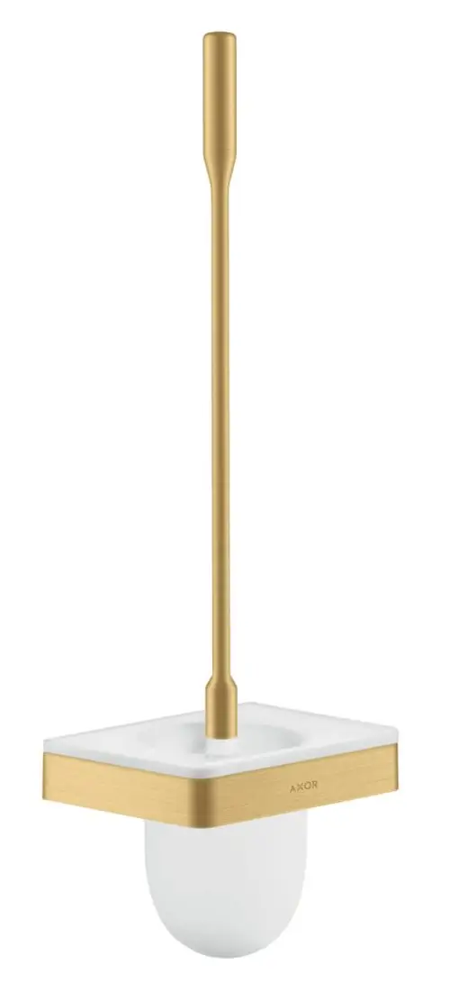 Toilettenbürstenhalter mit Wandmontage, mit einem langen goldenen Griff und einer weißen Halterung. Hergestellt von AXOR.